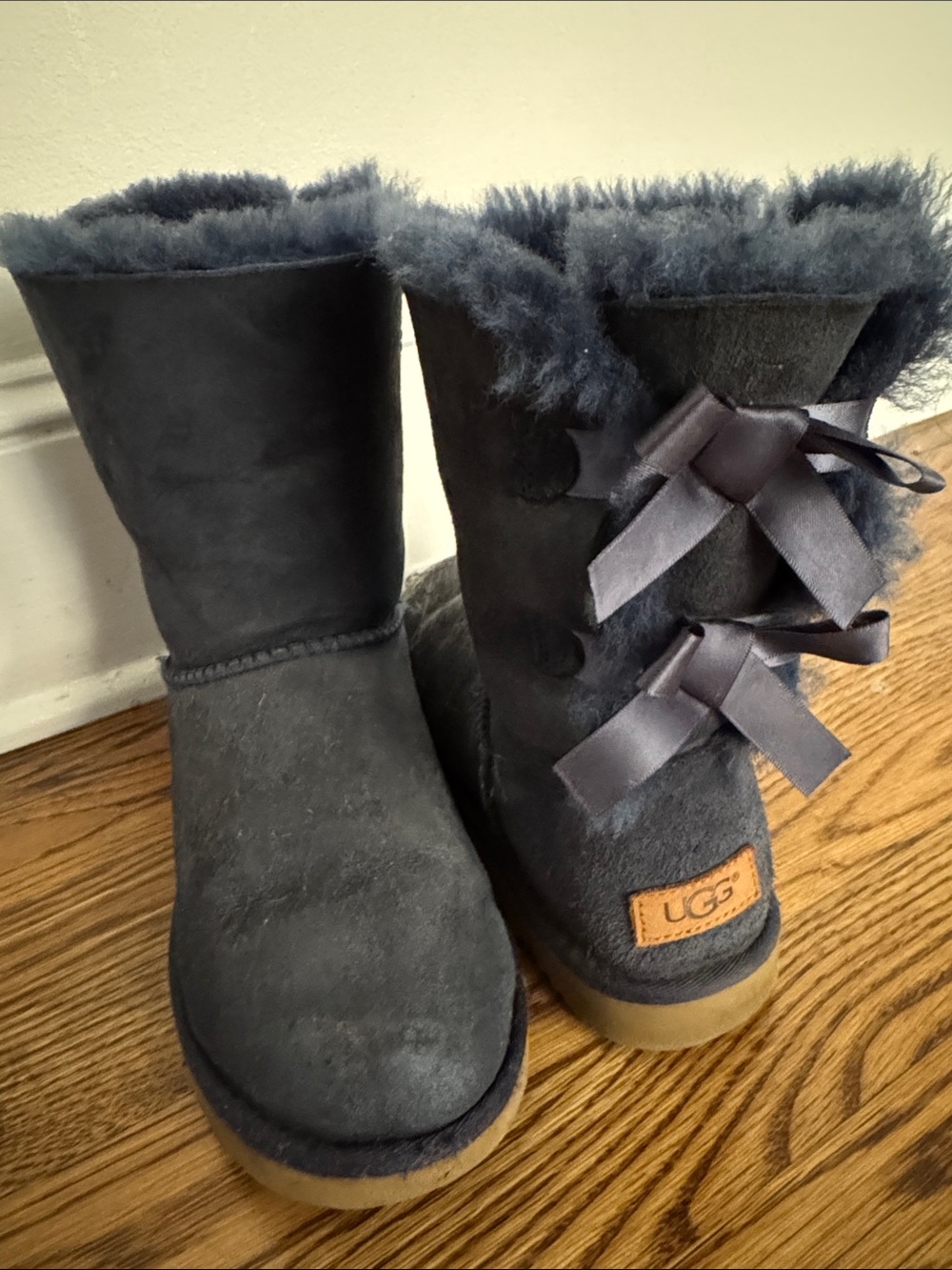 UGG Women's Short Shearling Boots in Blue with Ribbon Bows